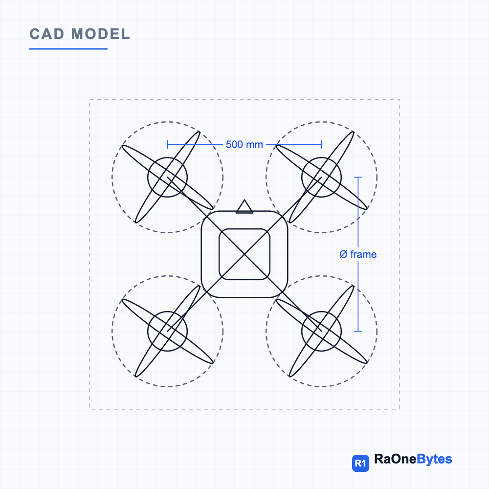 CAD model of the 500 mm quadcopter airframe with dimensions