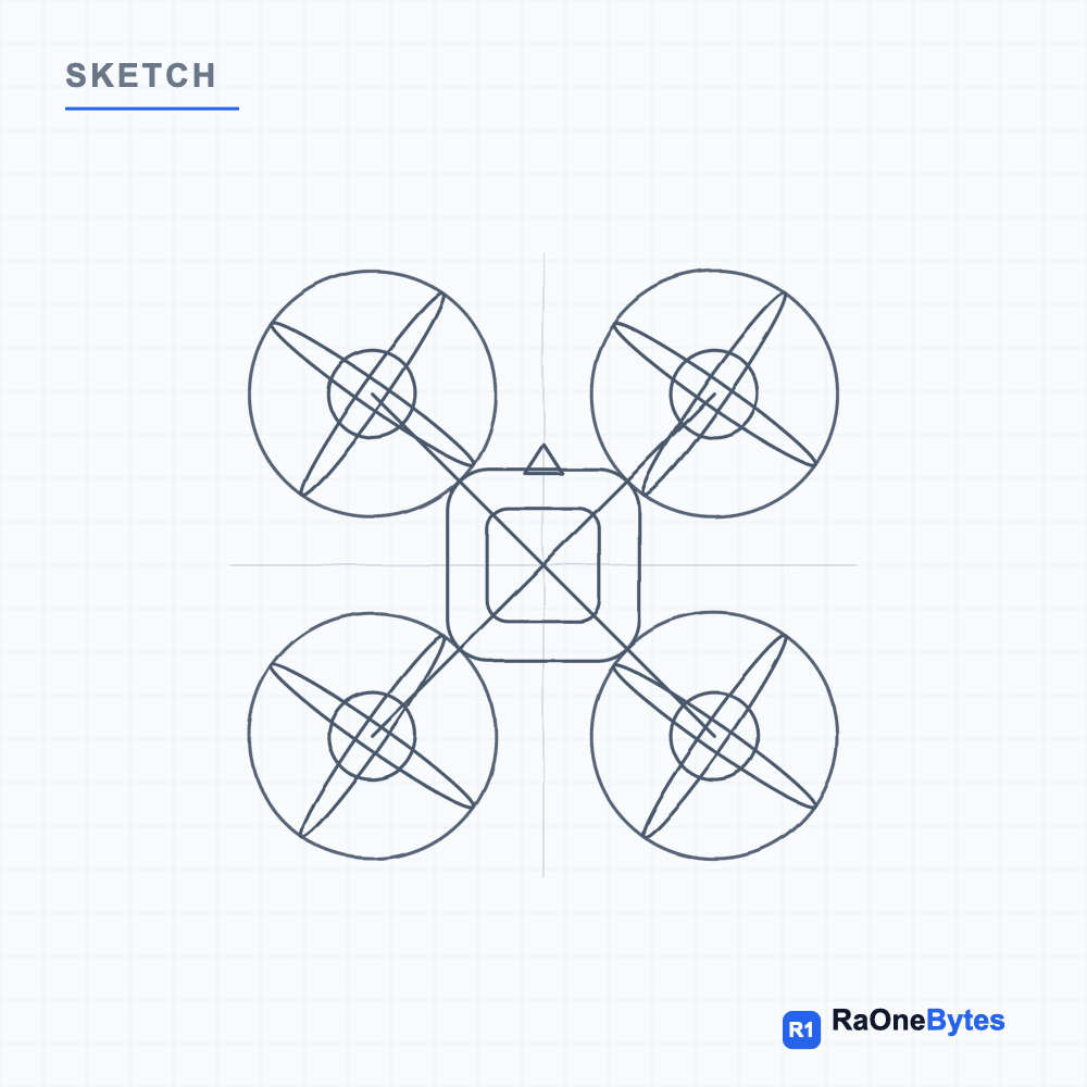 Hand sketch of the quadcopter X-frame and rotor layout